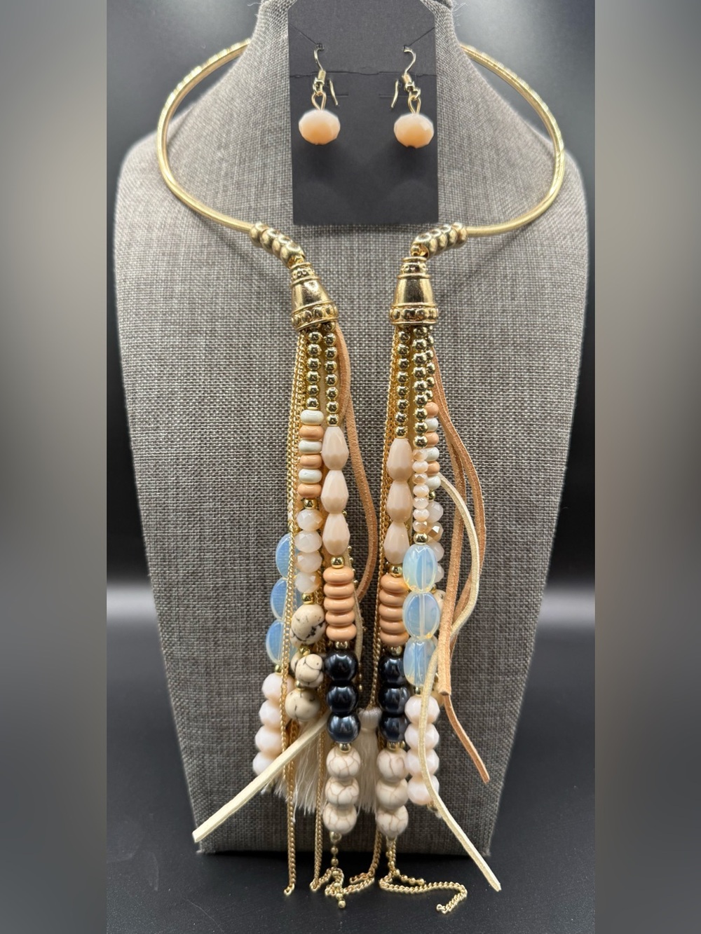Gold Tone Multi-Bead Drop Necklace with Beige and Blue Accents